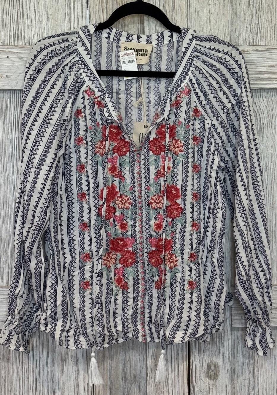 Savannah Jane Blouse Size Small Blue Floral Embroidery Boho Festival Artsy NWT